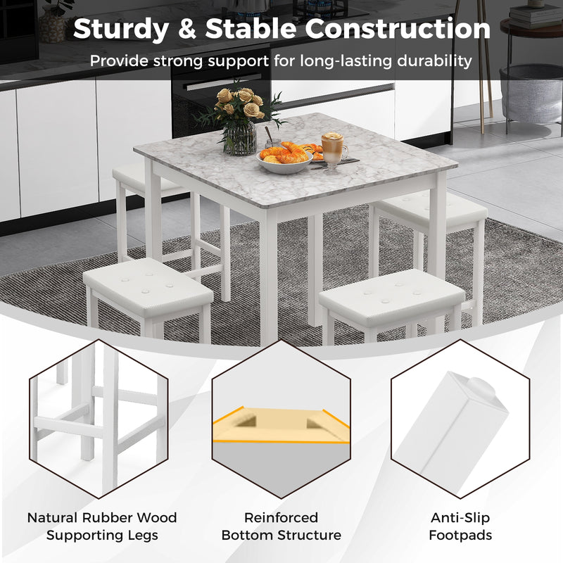 5-Piece Bar Table Set Counter-Height Dining Table and 4 Bar Stools-White