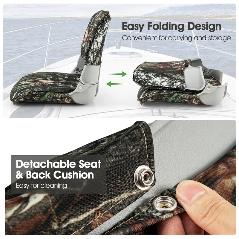 *Low Back Folding Padded Boat Seat with 4 Bolts for Outdoor Adventures - Camouflage