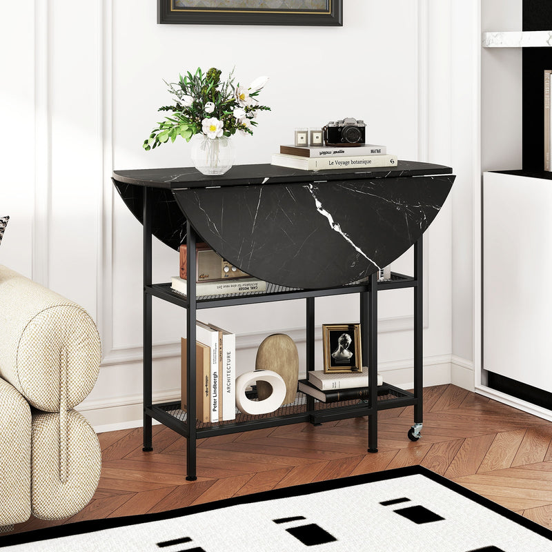 Folding Round Dining Table with Lockable Wheels-Black | Relaxacare INC