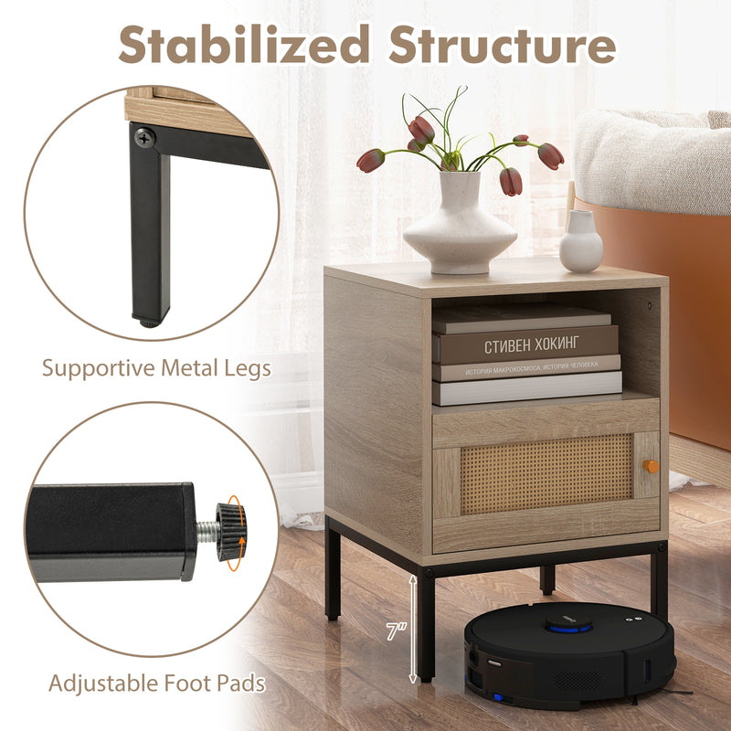 Home Boho Style Accent Table with Open Shelf and 1 Door Cabinet-Natural