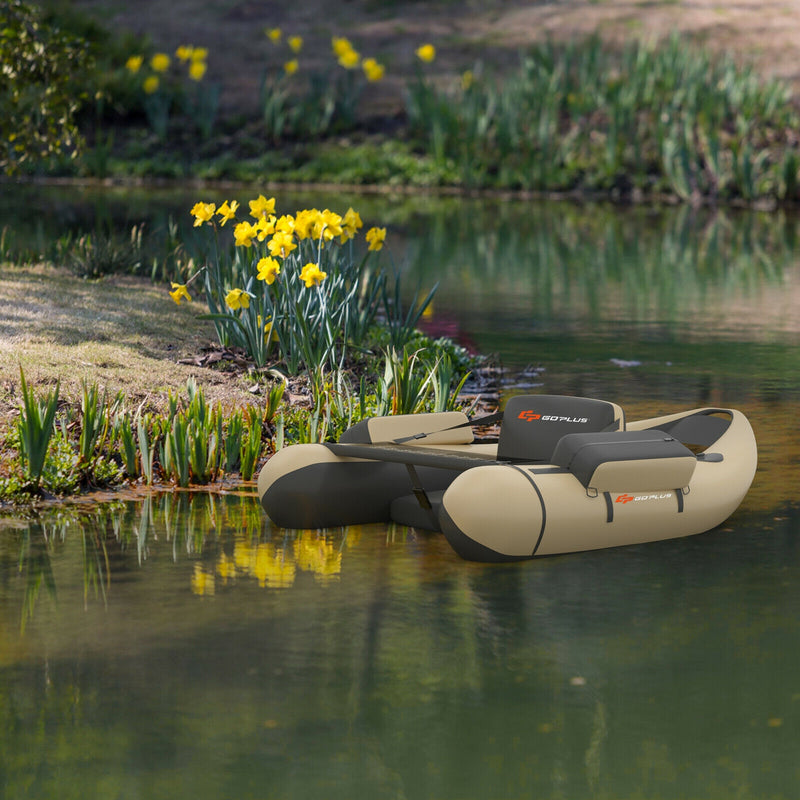 *Inflatable Fishing Float Tube with Pump Storage Pockets and Fish Ruler - Beige