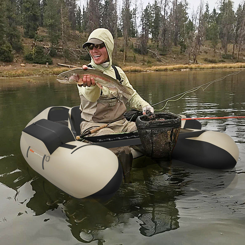 *Inflatable Fishing Float Tube with Pump Storage Pockets and Fish Ruler - Beige