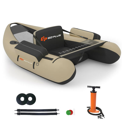*Inflatable Fishing Float Tube with Pump Storage Pockets and Fish Ruler - Beige