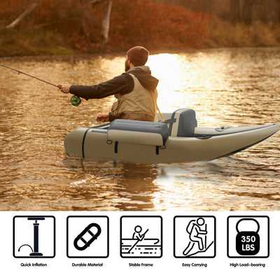 *Inflatable Fishing Float Tube with Pump Storage Pockets and Fish Ruler - Beige