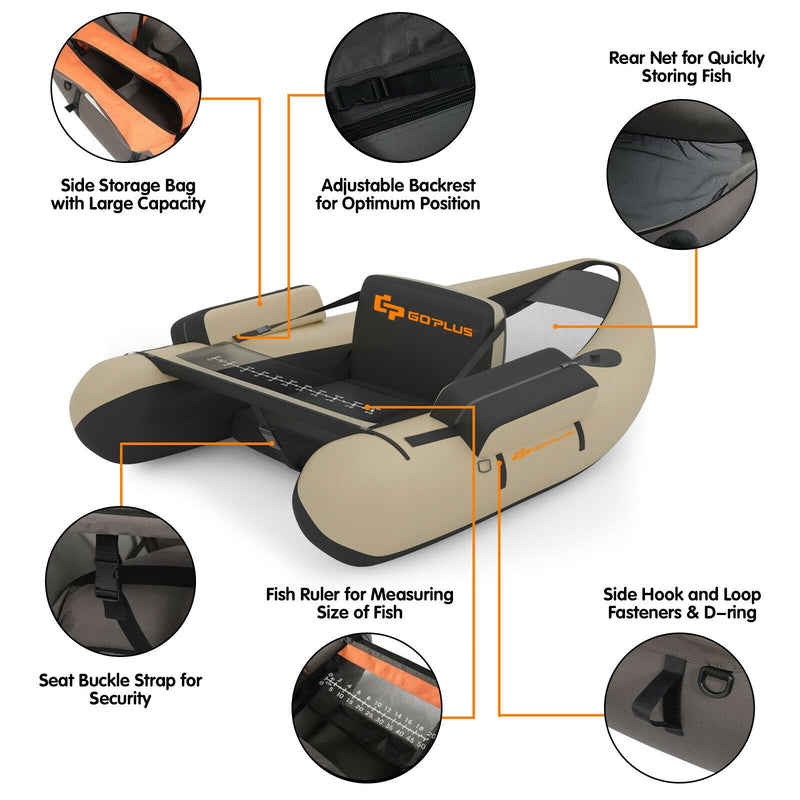 *Inflatable Fishing Float Tube with Pump Storage Pockets and Fish Ruler - Beige
