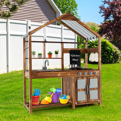 *Kid's Mud Kitchen Outdoor Solid Wood Mud Kitchen with Canopy - Natural