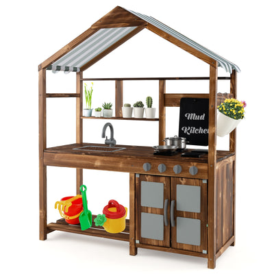 *Kid's Mud Kitchen Outdoor Solid Wood Mud Kitchen with Canopy - Natural