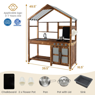 *Kid's Mud Kitchen Outdoor Solid Wood Mud Kitchen with Canopy - Natural