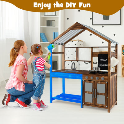 *Kid's Mud Kitchen Outdoor Solid Wood Mud Kitchen with Canopy - Natural