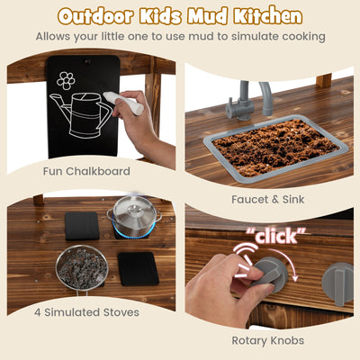 *Kid's Mud Kitchen Outdoor Solid Wood Mud Kitchen with Canopy - Natural