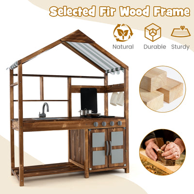 *Kid's Mud Kitchen Outdoor Solid Wood Mud Kitchen with Canopy - Natural