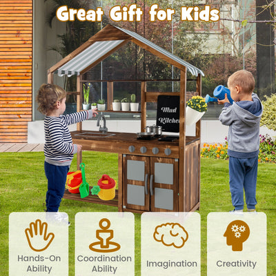 *Kid's Mud Kitchen Outdoor Solid Wood Mud Kitchen with Canopy - Natural