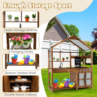 *Kid's Mud Kitchen Outdoor Solid Wood Mud Kitchen with Canopy - Natural