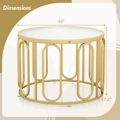 24 Inch Round Coffee Table with Reeded Tempered Glass Top and Oval Swivel Brackets-Golden