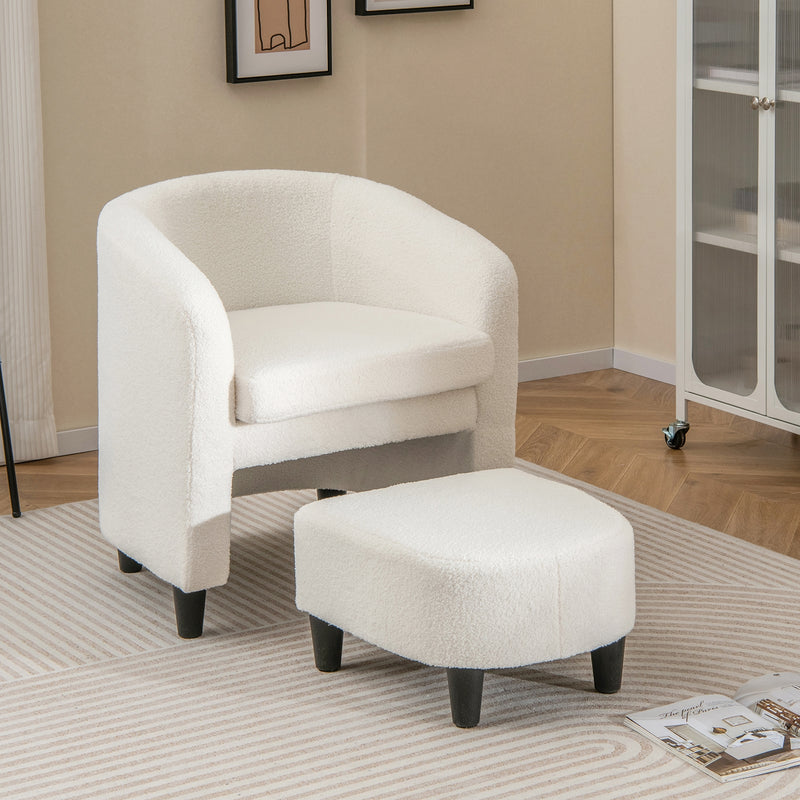 *Modern Upholstered Barrel Teddy Velvet Chair with Ottoman - Beige