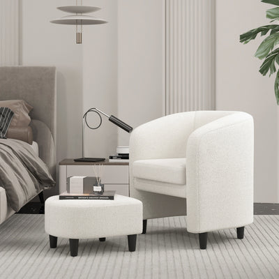 *Modern Upholstered Barrel Teddy Velvet Chair with Ottoman - Beige