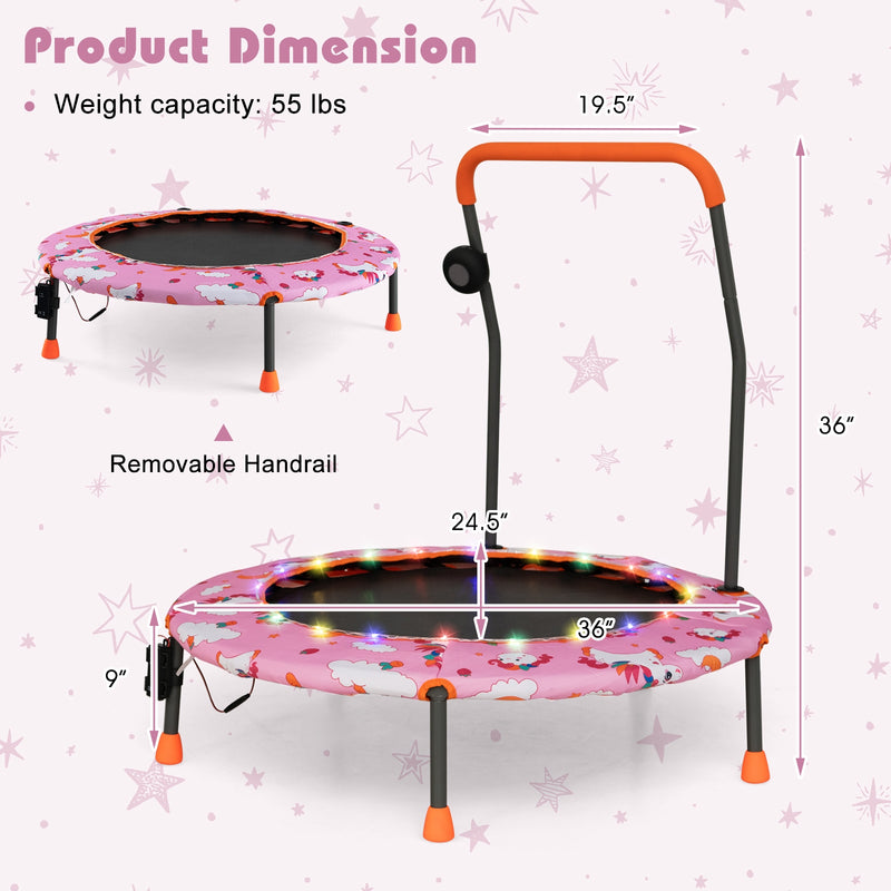 *36 Inch Mini Trampoline with Colorful LED Lights and Bluetooth Speaker - Pink