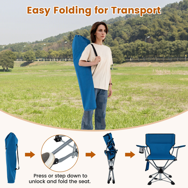 *360° Swivel Hunting Chair Portable Foldable Hunting Chair with Mesh Cup Holder and Storage Pockets - Blue