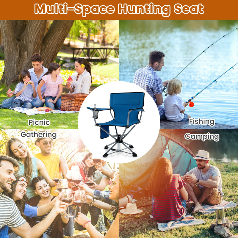 *360° Swivel Hunting Chair Portable Foldable Hunting Chair with Mesh Cup Holder and Storage Pockets - Blue