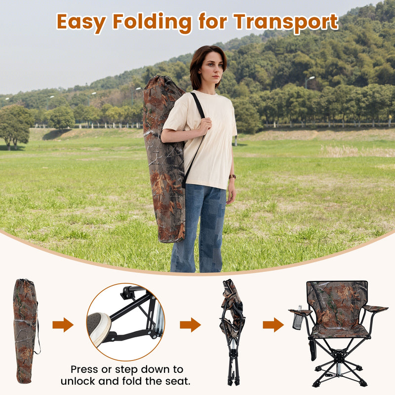 *360° Swivel Hunting Chair Portable Foldable Hunting Chair with Mesh Cup Holder and Storage Pockets - Camouflage