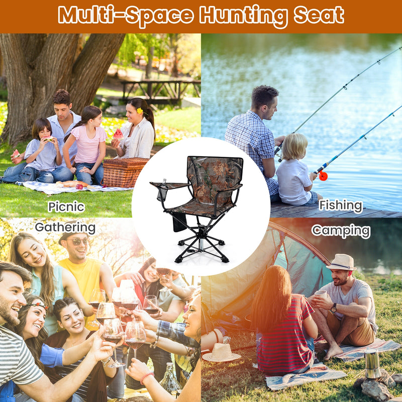 *360° Swivel Hunting Chair Portable Foldable Hunting Chair with Mesh Cup Holder and Storage Pockets - Camouflage