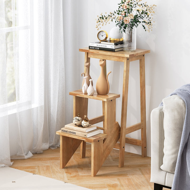 *3-in-1 Rubber Wood 3 Tier Folding Step Stool Ladder Storage Shelf - Natural