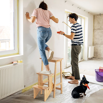 *3-in-1 Rubber Wood 3 Tier Folding Step Stool Ladder Storage Shelf - Natural