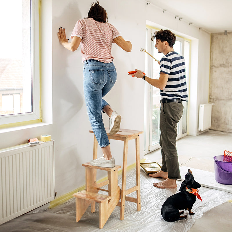 *3-in-1 Rubber Wood 3 Tier Folding Step Stool Ladder Storage Shelf - Natural