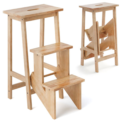 *3-in-1 Rubber Wood 3 Tier Folding Step Stool Ladder Storage Shelf - Natural