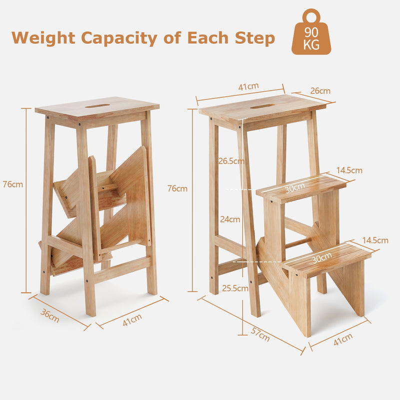 *3-in-1 Rubber Wood 3 Tier Folding Step Stool Ladder Storage Shelf - Natural
