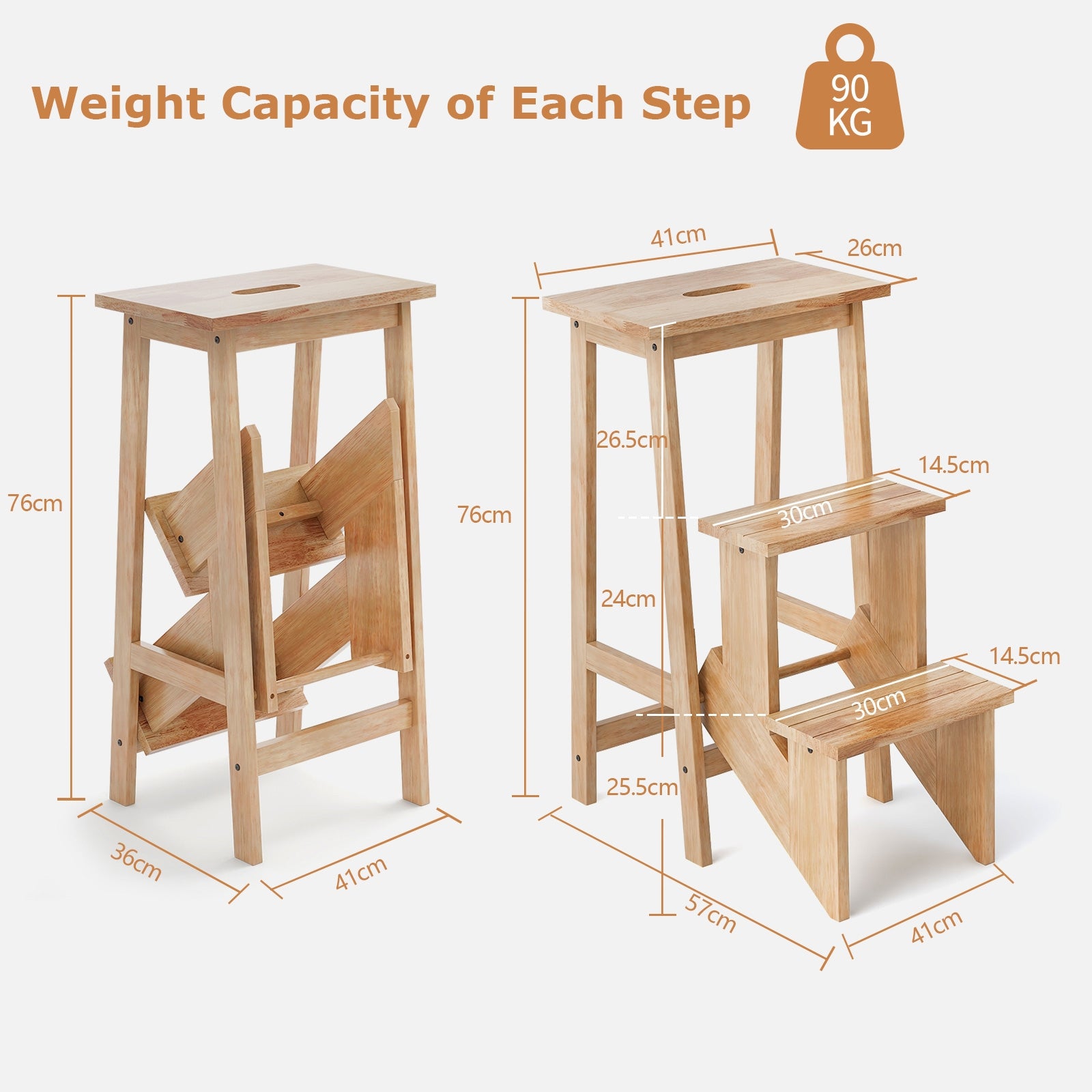 Stool Ladder Storage 3-in-1 Rubber Wood 3 Tier Folding Step Stool Ladder Storage Shelf-Natu