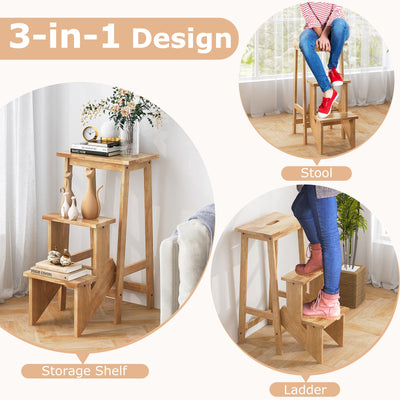 *3-in-1 Rubber Wood 3 Tier Folding Step Stool Ladder Storage Shelf - Natural