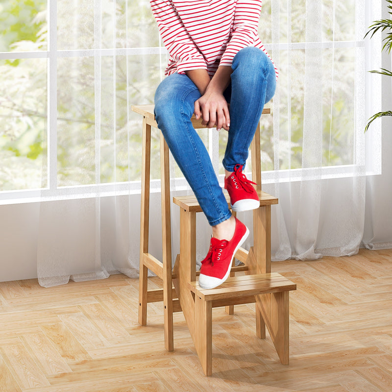 *3-in-1 Rubber Wood 3 Tier Folding Step Stool Ladder Storage Shelf - Natural