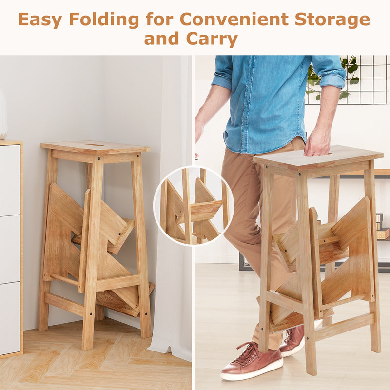 *3-in-1 Rubber Wood 3 Tier Folding Step Stool Ladder Storage Shelf - Natural