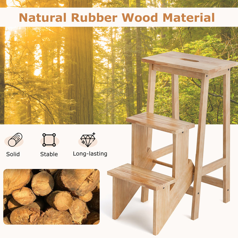 *3-in-1 Rubber Wood 3 Tier Folding Step Stool Ladder Storage Shelf - Natural