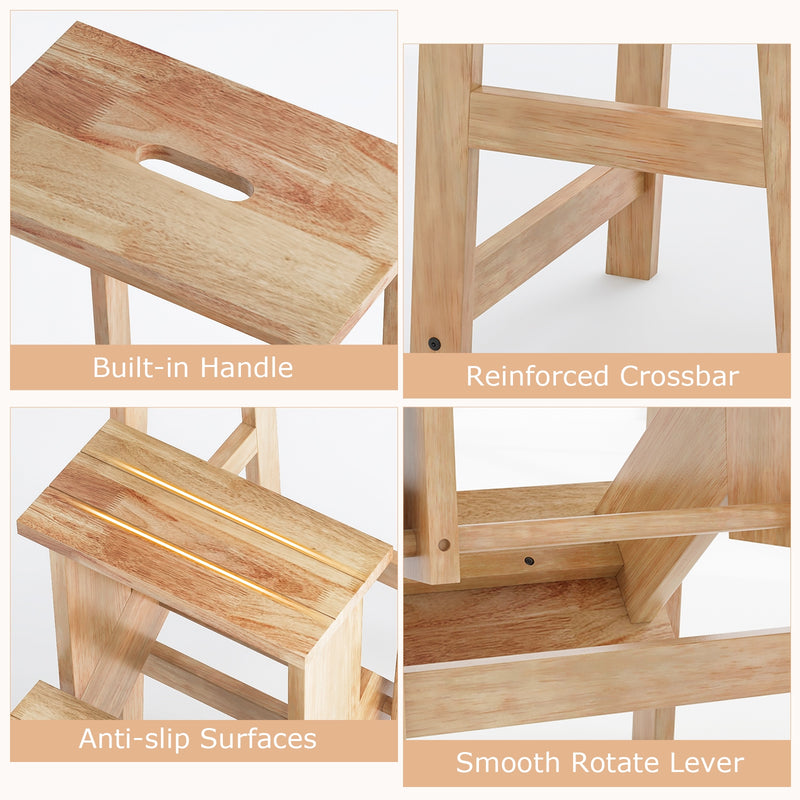 *3-in-1 Rubber Wood 3 Tier Folding Step Stool Ladder Storage Shelf - Natural