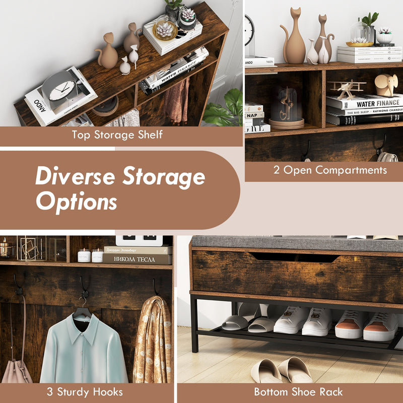 69 Inches Tall Hall Tree 4-in-1 Coat Rack with Seat Cushion and Shoe Storage-Rustic Brown