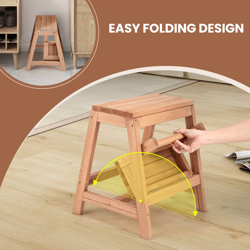 Multipurpose Wood Folding 2-Step Stool for Indoor Outdoor Plant Stand-Natural
