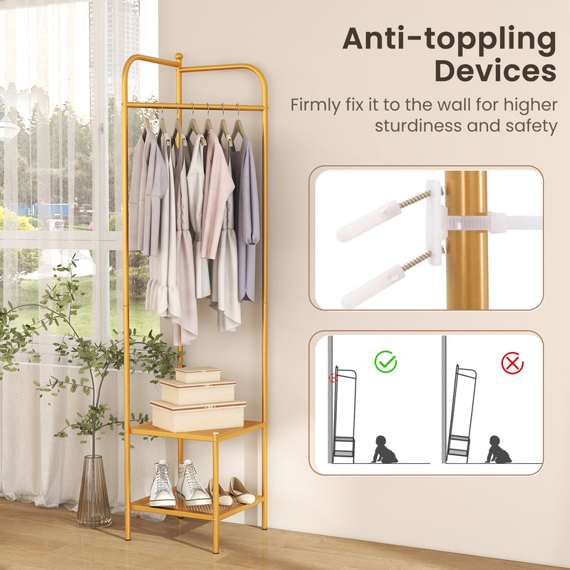 Corner Coat Rack with Top Hanger and 2 Mesh Shelves for Entryway Hallway Living Room Bedroom-Golden