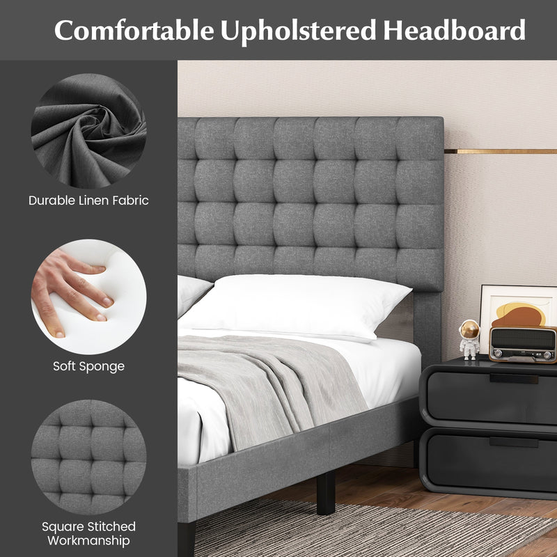 Queen Size Upholstered Platform Bed with Square Stitched Headboard