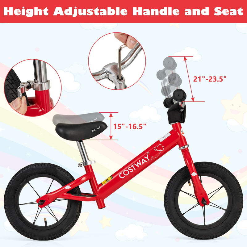 *12 Inch Toddler Balance Bike with Height Adjustable Handlebar and Seat - Red