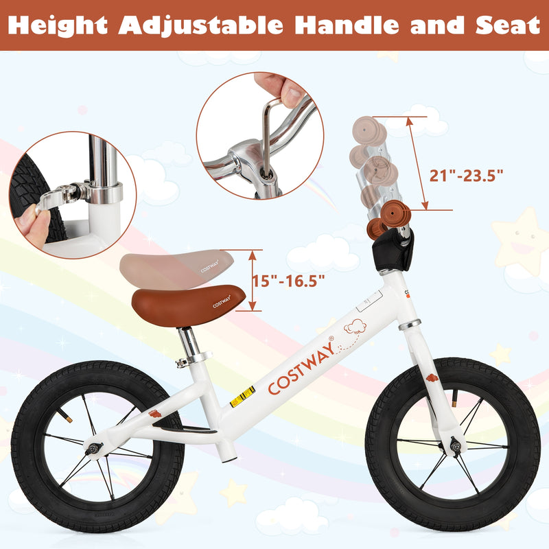 *12 Inch Toddler Balance Bike with Height Adjustable Handlebar and Seat - White