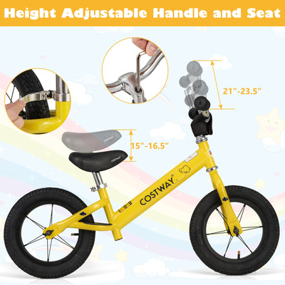 *12 Inch Toddler Balance Bike with Height Adjustable Handlebar and Seat - Yellow