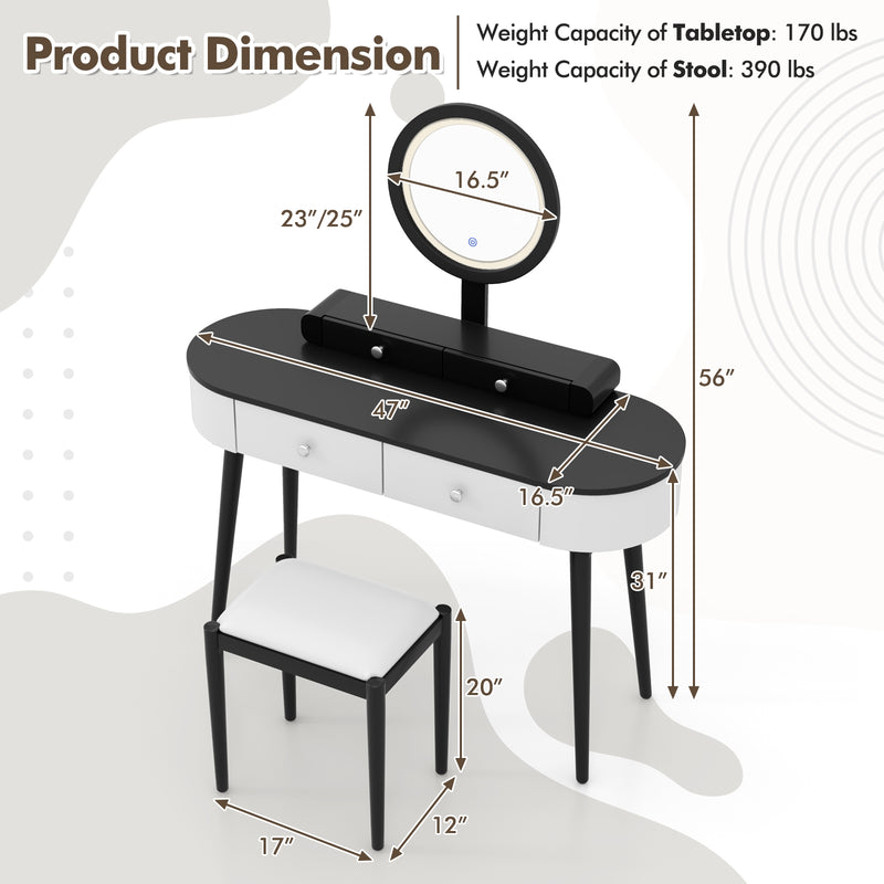 Makeup Vanity Table Set with LED Mirror and 3 Spacious Drawers-White-Dark Wood