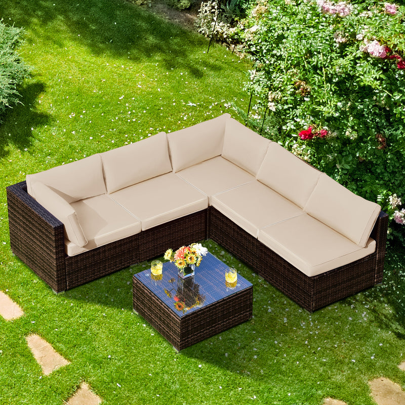 *6 Pieces Patio Rattan Furniture Set with Cushions - Brown