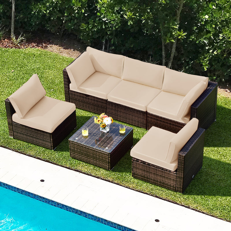 *6 Pieces Patio Rattan Furniture Set with Cushions - Brown