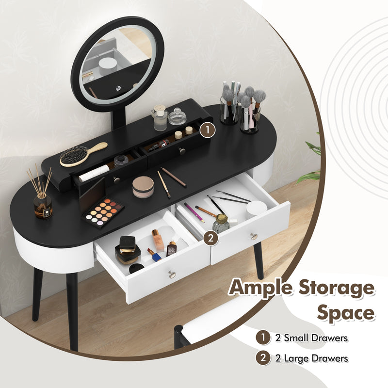 Makeup Vanity Table Set with LED Mirror and 3 Spacious Drawers-White-Dark Wood