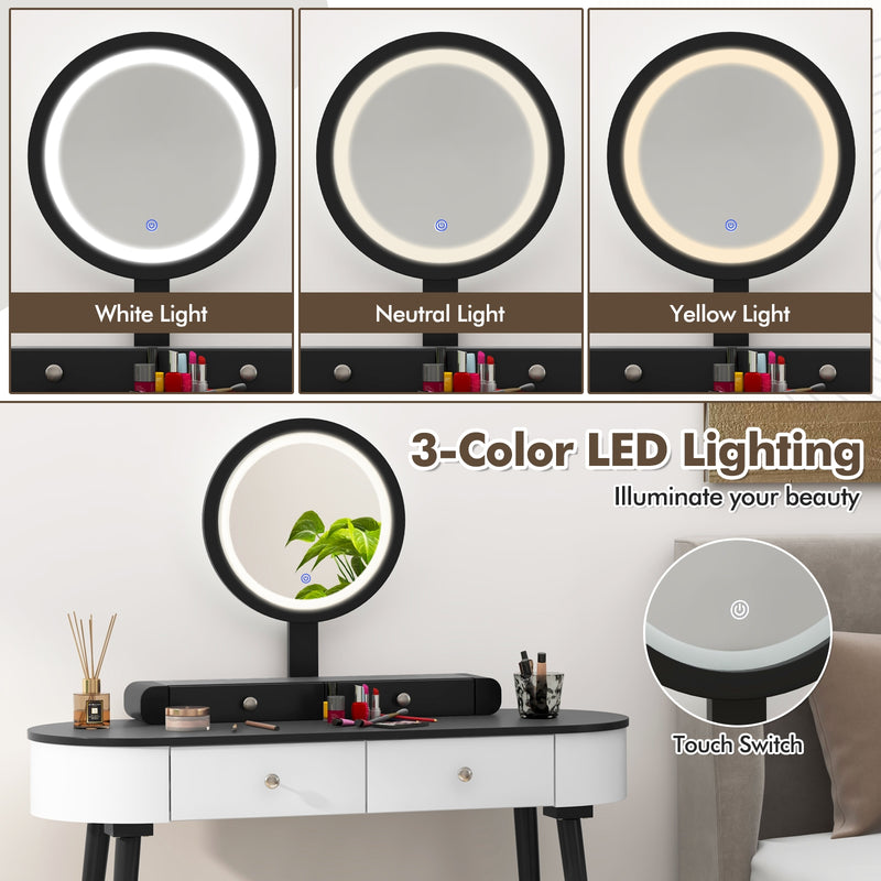 Makeup Vanity Table Set with LED Mirror and 3 Spacious Drawers-White-Dark Wood