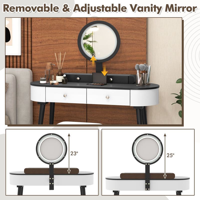 Makeup Vanity Table Set with LED Mirror and 3 Spacious Drawers-White-Dark Wood