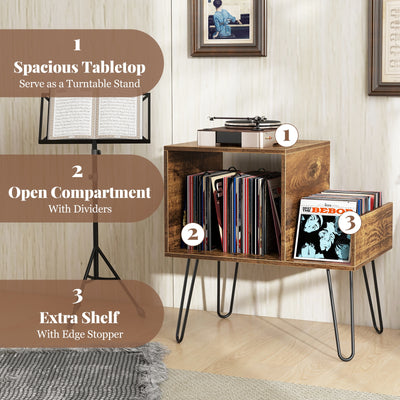 Mid-century Record Player Stand with Power Outlet and Vinyl Divider-Rustic Brown